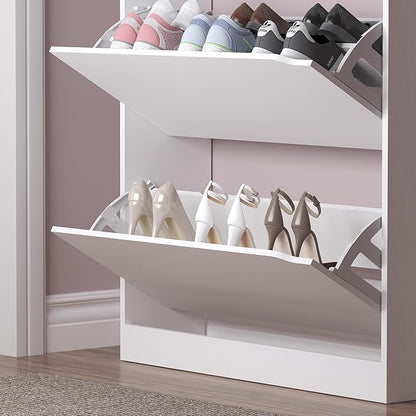 Shoe Cabinet with 3 Flip Drawers & Coat Rack, Narrow Hidden Shoe Storage Cabinet, 2-in-1 Hall Tree Slim Freestanding Shoe Rack Organizer for Entryway, Hallway, and Living Room