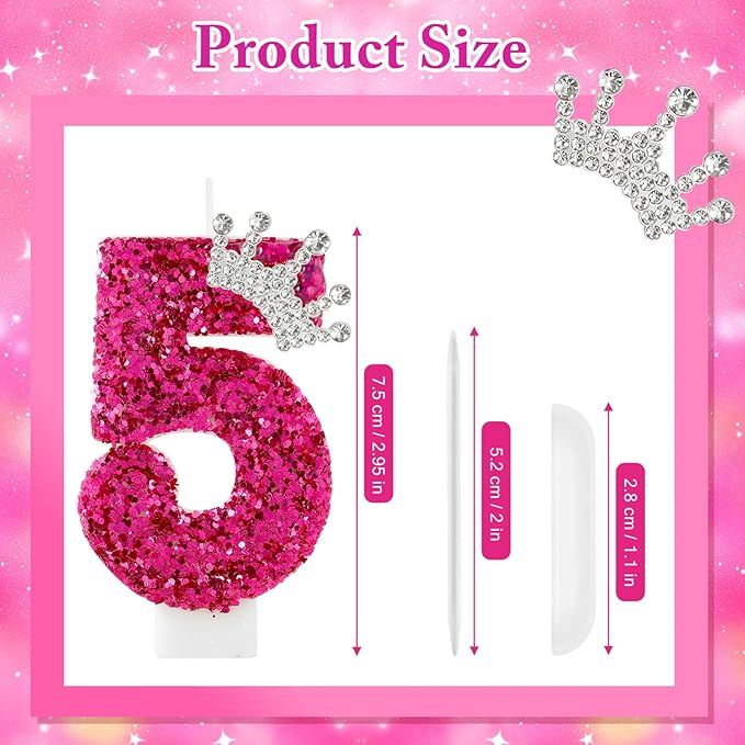 Hot Pink Birthday Candles Crown Number 5 Candle 5th Birthday Party Decorations Cake Topper Cupcake Decor for Anniversary Celebrations Supplies