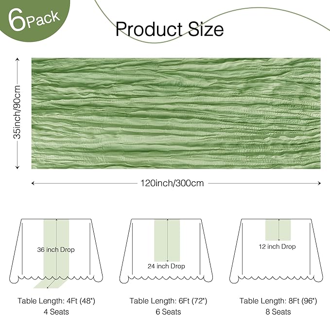 12 Pack Cheesecloth Table Runner 120 Inch Boho Rustic Gauze 10 FT Sage Green Cheese Cloths Table Runners Decorations for Spring Summer Birthday Party Baby Shower Wedding Holiday Home Decor