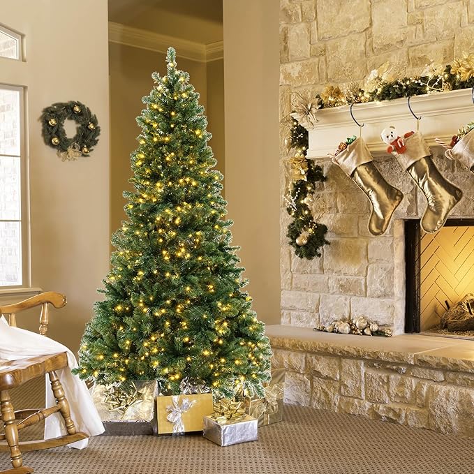 GOLFAME 6FT Pre-Lit Artificial Christmas Tree, Decorative Hinged Xmas Tree with 560 LED Lights, 821 Branch Tips, Upgraded Metal Stand, Christmas Holiday Tree for Home Office Party