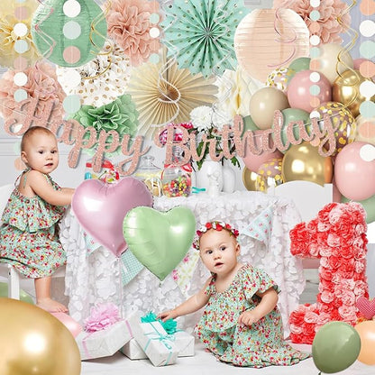 Sage-Green Blush-Pink Birthday Decorations for Women Girls, Cream Light Beige Happy Banner, Paper Lanterns Pom Poms, Olive Green Dusty Pink Balloons, Boho Fairy Anniversary Princess Party Décor
