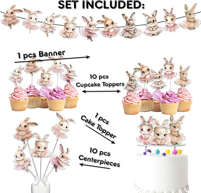 Bunnies Baby Shower and Birthday Party Supplies Set - Banner, Centerpieces, Cupcake Toppers, Cake Topper
