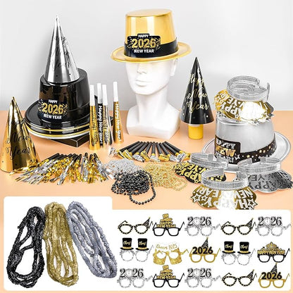 MOVINPE 2026 New Years Eve Party Supplies Bulk - Gold Black Slivery Top Hats, Cone Hats, Tiara, Glasses, Bead Necklace, Leis, Horns, Blowouts, Noiese Makers, New Year's Party Favors Event Supplies