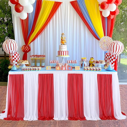 Red White Striped Table Skirt Tulle Circus Table Skirts for Rectangle Table 6ft for Birthday Carnival Circus Party Decorations