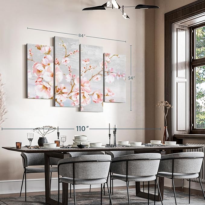 Elephant Stock Spring Cherry Blossoms Wall Art - Horizontal Canvas - 4-Piece Living Room Wall Decor - Painting Floral and Botanical Canvas Print - Pink and Brown Decor for Wall by Eva Watts - 84" X 54"