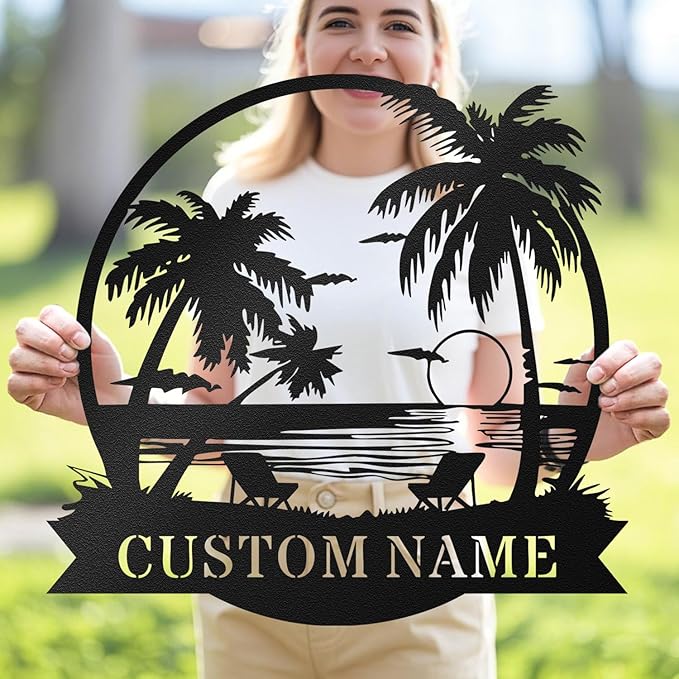 Custom Beach Metal Sign - Personalized Family Name Sign, Tropical Palm Trees Sign, Custom Last Name Sign, Beach Coastal Lake House Decor, Gift for Mother's Day, Housewarming Wedding Outdoor Patio Pool