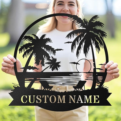 Custom Beach Metal Sign - Personalized Family Name Sign, Tropical Palm Trees Sign, Custom Last Name Sign, Beach Coastal Lake House Decor, Gift for Mother's Day, Housewarming Wedding Outdoor Patio Pool