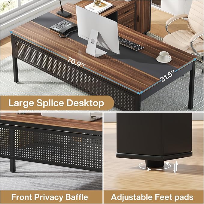 Tribesigns 71 inch Executive Desk, L-Shaped Desk with Mobile File Cabinet, Executive Office Table with 2 Drawers and Storage Shelves, Business Furniture Workstation for Home Office, Walnut and Black