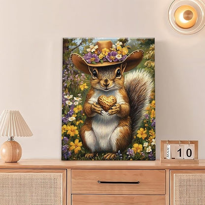 Western Squirrel Wall Art, Squirrel Peanut Pictures Wall Decor, Country Rustic Animal Canvas Prints, Forest Flower Painting, Framed Artwork for Bathroom Living Room Bedroom Dining Room 16"X12"