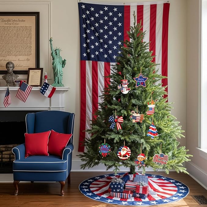 36 Pcs Patriotic Christmas Tree Ornaments Wood Red White Blue Christmas Ornament Hanging America Flag Santa Gnome Decorations for Xmas Tree Home Decoration Gifts