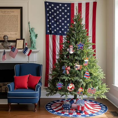 36 Pcs Patriotic Christmas Tree Ornaments Wood Red White Blue Christmas Ornament Hanging America Flag Santa Gnome Decorations for Xmas Tree Home Decoration Gifts
