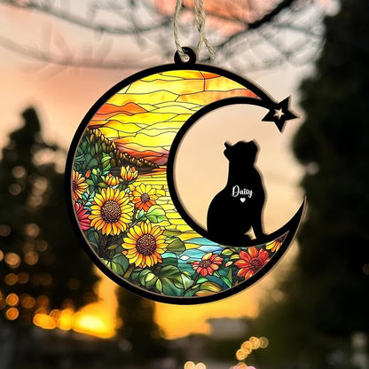 Personalized Cat Memorial Suncatcher – Custom Name & Cat Silhouette with Sunflower Background, Pet Loss Sympathy Gift, Memorial Keepsake for Cat Lovers (Up to 3 Pets)