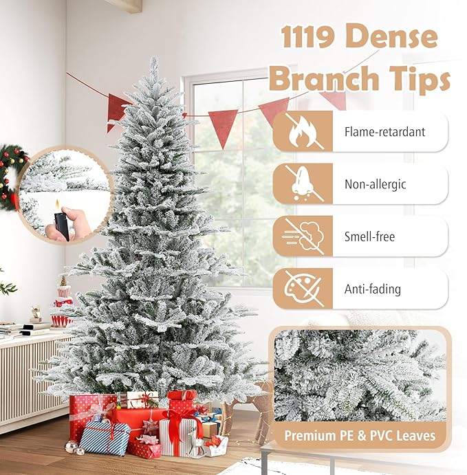 GOFLAME 7FT Pre-Lit Christmas Tree Snow Flocked, Hinged Artificial Xmas Tree with 1119 Branch Tips, 620 Cold White LED Lights, 3 Lighting Modes, Timer, Remote, Holiday Decoration Tree for Home Party