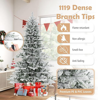 GOFLAME 7FT Pre-Lit Christmas Tree Snow Flocked, Hinged Artificial Xmas Tree with 1119 Branch Tips, 620 Cold White LED Lights, 3 Lighting Modes, Timer, Remote, Holiday Decoration Tree for Home Party