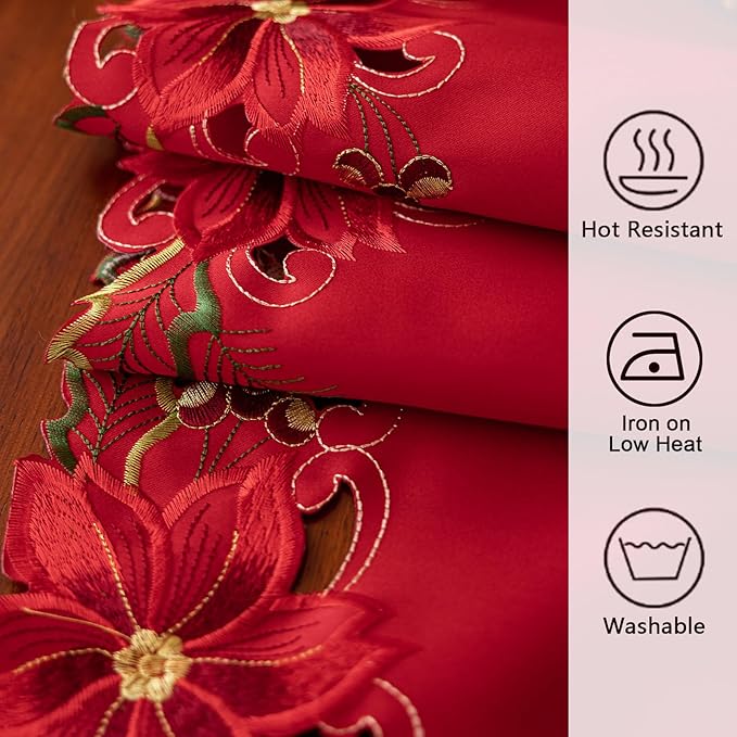 Joyfol Day Christmas Embroidered Red Table Runner 14 x 59 Inch, Cutwork Poinsettia Holly Leaves Acorns Table Runners, for Xmas Holiday Winter Festival Kitchen Dining Tabletop Decoration