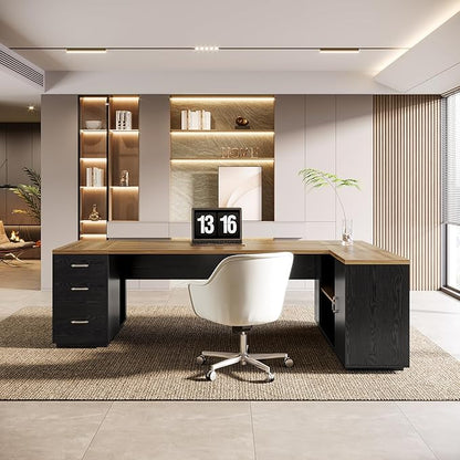 Tribesigns 85.8-Inch L-Shaped Executive Office Desk with File Drawers & Storage Cabinet, Professional Corner Computer Desk Extra Large Business Workstation with Adjustable Shelves (Brown&Black)