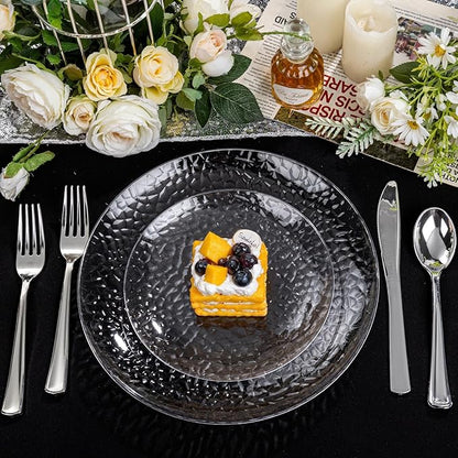Rubtlamp 100Pcs Clear Plastic Plates, Heavy-Duty Party Plates, clear hammered plastic plates Include 50 Clear Dessert/Salad Platos, 50 Dinner Platos for Party