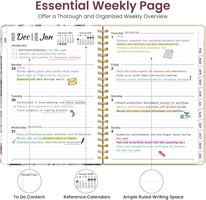 2026 Planner, Weekly and Monthly Planner for Women, Jan 2026 - Dec 2026 Pretty 2026 Calendar Planner with Monthly Tabs, Inner Pocket, Spiral Binding, Perfect for Office Home School - 6.3" x 8.5", Soft Peony