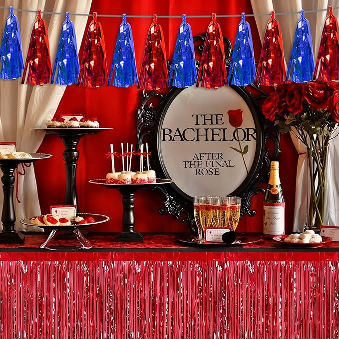 3P Blue Red Tassel Banner Garland Metallic Foil Fringe Banner Tinsel Tassels Streamer Banner Backdrop for Parade Floats, Graduation, Independence Day, 4th of july, Patriotic Themed Party Decoration