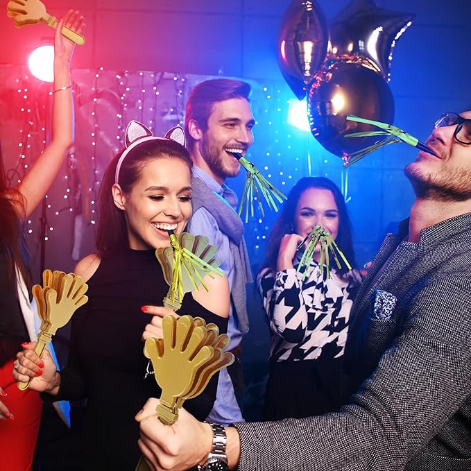 48 Pack Party Noisemakers New Years Eve Party Supplies Include 24 7.5 Inch Large Hand Clappers 24 Blowers Whistle for Aldult Birthday 2025 New Years Eve Favor(Gold)