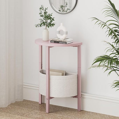 Vagusicc Small Round Side Table, Accent End Table with Storage Basket, Set of 2 Half Round Coffee Table End Table, Half Moon Bedside Table, Modern Nightstand Couch Table for Living Room Bedroom, Pink