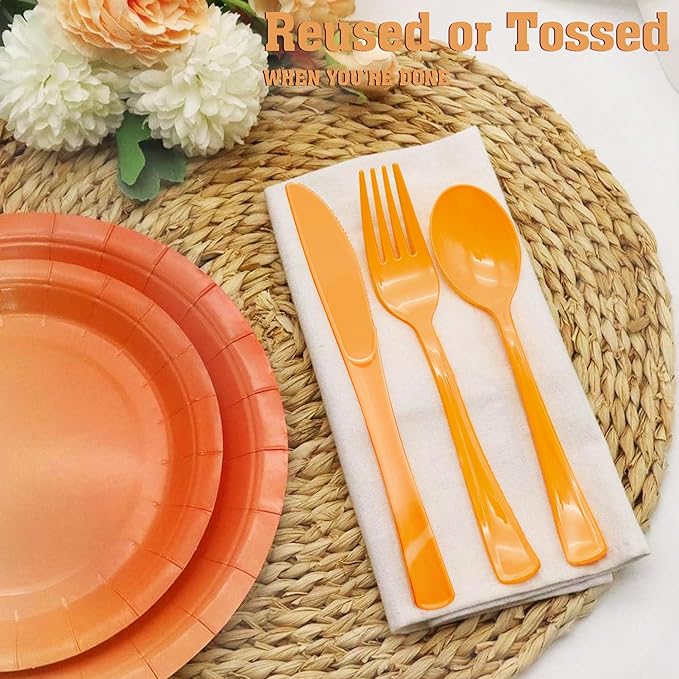150 Pcs Orange Plastic Silverware, Orange Plastic Cutlery Disposable Includes 50 Forks, 50 Spoons, 50 Knives for Birthday, Fall Party,Halloween, Thanksgiving