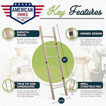 Blanket Ladder for Living Room and Bedroom, 5ft 8 inch, 6-Tier Wall Leaning Laminate No-Snag Construction (Smokey Oak) Rustic Decorative Farmhouse Blanket Storage, Quilt Rack, Ladder Shelf