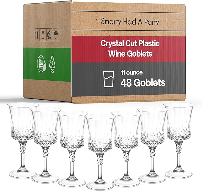 Smarty Had A Party Disposable Goblets, 48 Clear Crystal-Cut Wine High-End Plastic Glasses, 11 oz Plastic Water Goblets Bulk, Disposable Wine Glasses with Stem for Parties, Weddings and Events