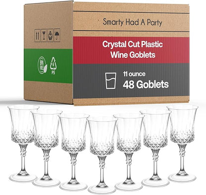 Smarty Had A Party Disposable Goblets, 48 Clear Crystal-Cut Wine High-End Plastic Glasses, 11 oz Plastic Water Goblets Bulk, Disposable Wine Glasses with Stem for Parties, Weddings and Events