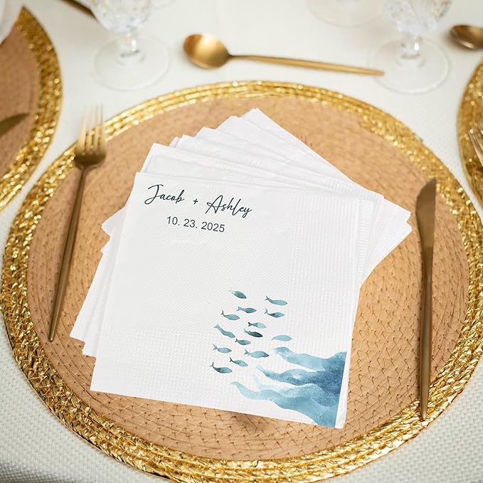 Luxury Custom Cocktail Napkins Wedding, Pack 50 100 150 500 Anniversary Party, Monogram Initials, Rehearsal Dinner Table Decor, Beverage & Luncheon, Saga Green, White Decor Style 1