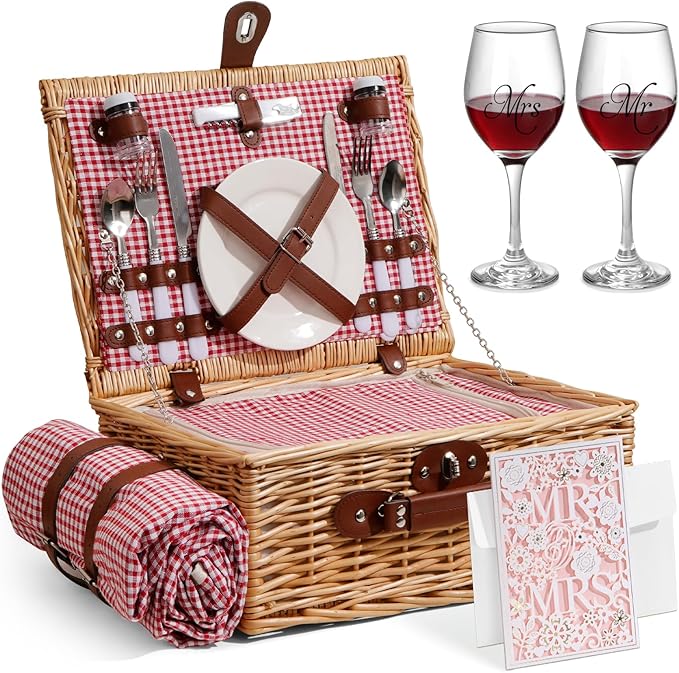 Picnic Basket for 2 with Waterproof Picnic Blanket, Wicker Picnic Set Kit with Cooler for Beach, Insulated Picnic Baskets, Bridal Shower Gift Wedding Gifts with Mr Mrs Wine Glasses and Greeting Card