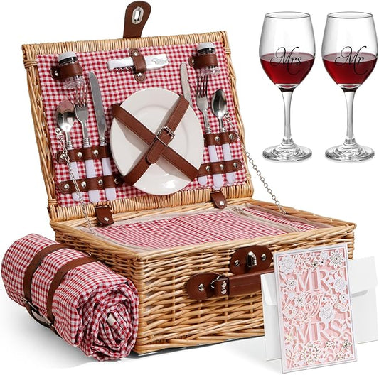 Picnic Basket for 2 with Waterproof Picnic Blanket, Wicker Picnic Set Kit with Cooler for Beach, Insulated Picnic Baskets, Bridal Shower Gift Wedding Gifts with Mr Mrs Wine Glasses and Greeting Card