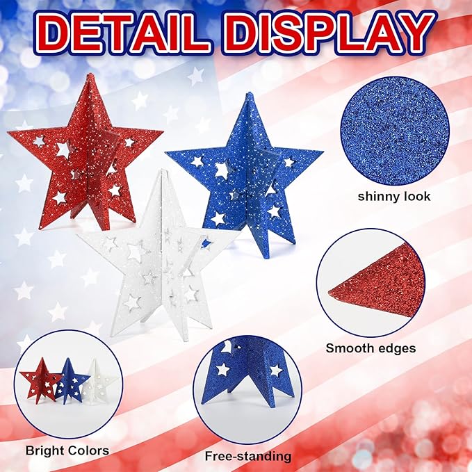 COCHIE 6 Inch Labor Day Decorations Wooden Stars Set, 3D Glitter Star Memorial Day Tiered Tray Decor, 4th of July Red White Blue Patriotic Decoration for Home Table Desk Door Shelf (Cutout, Set of 3)