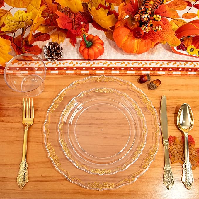 U-QE 100PCS Clear Gold Christmas Plastic Plates - Disposable Heavy Duty Clear Plates with Gold Rim Including 50PCS 10'' & 50PCS 7.5'' Perfect for Christmas, Party, Weddings