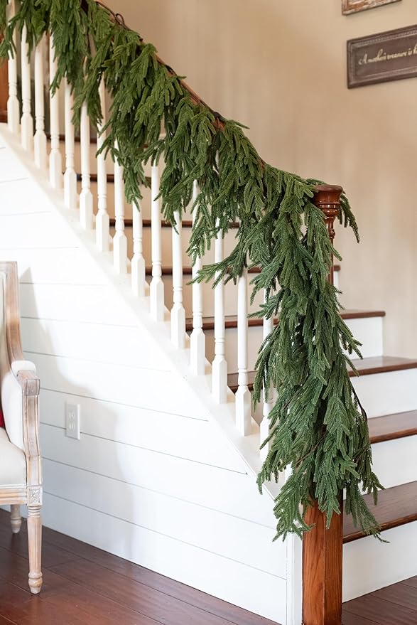 Hanging 6 ft Real Touch Norfolk Pine Garland Realistic 6ft, Christmas Garland for Mantle, Soft and Bendable Real Touch Garland Christmas Greenery, Evergreen Christmas Garlands for Fireplace, Stairs