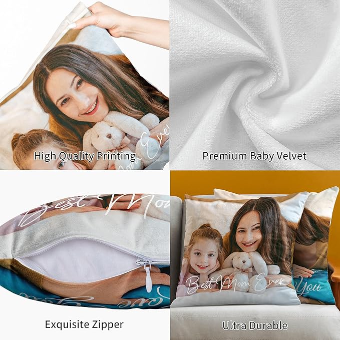 Easycosy Custom Pillow with Picture & Text, Two-Sides Velvet Customized Photo Pillowcase, 18"x18" Personalized Pillow Cover with Photo, Custom Gifts for Mother's Day (Optional Pillow Insert)