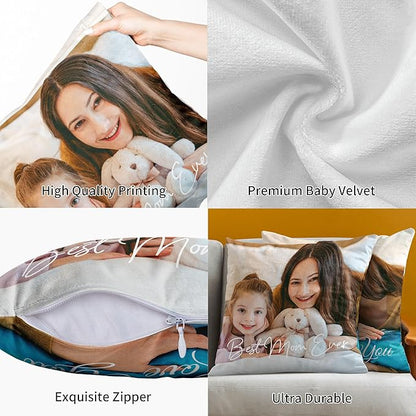 Easycosy Custom Pillow with Picture & Text, Two-Sides Velvet Customized Photo Pillowcase, 18"x18" Personalized Pillow Cover with Photo, Custom Gifts for Mother's Day (Optional Pillow Insert)