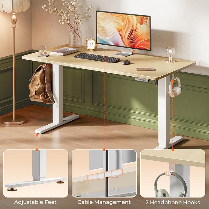 Huuger 55 x 28 Large Electric Standing Desk, Height Adjustable Desk, 27.6" Deep Desktop, Stand up Gaming Computer Office Desk with 2 Hooks, 3 Preset Heights, for Home Office, Maple