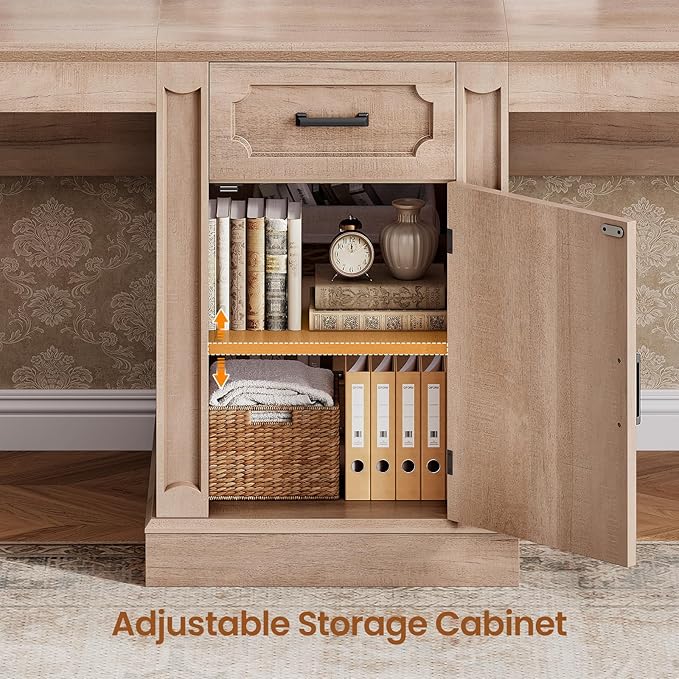 SEDETA Farmhouse 110.3" Two Person Desk with 7 Drawers, Long Computer Desk with Storage Cabinet, 2 Person Desk with Power Outlets for Home Office, Natural Oak