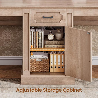 SEDETA Farmhouse 110.3" Two Person Desk with 7 Drawers, Long Computer Desk with Storage Cabinet, 2 Person Desk with Power Outlets for Home Office, Natural Oak