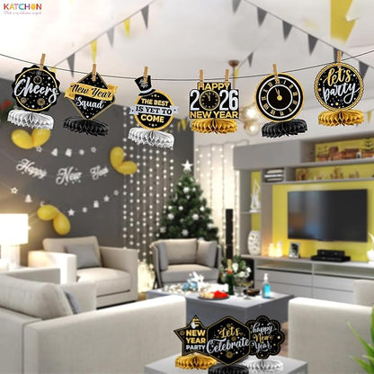KatchOn, New Years Centerpieces For Tables - Pack of 9 | New Years Eve Party Supplies 2026 | Black and Gold Honeycomb for New Year Decorations 2026 | New Year Eve Party Decorations