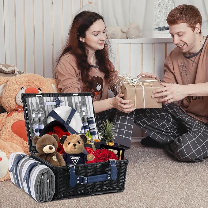Wicker Picnic Basket for 4 with Waterproof Picnic Blanket and Insulated Cooler, Willow Hamper for Camping, Outdoors, Photoshoot, or a Birthday, Mother's Day, Wedding Gift, Black