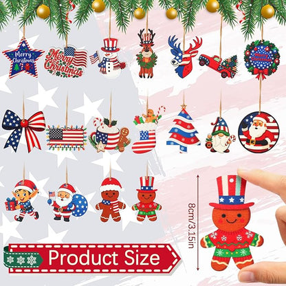 36 Pcs Patriotic Christmas Tree Ornaments Wood Red White Blue Christmas Ornament Hanging America Flag Santa Gnome Decorations for Xmas Tree Home Decoration Gifts
