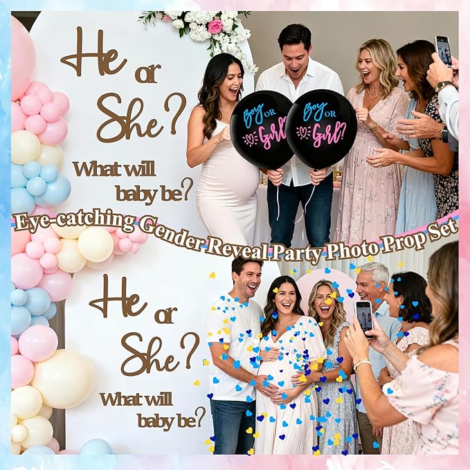 Large Wooden Gender Reveal Decals for Backdrop 36 Inch Boy or Girl Balloons He or She What Will Baby Be Decorations for Balloon Arch Sticker Oh Baby Shower Sign Gender Reveal Ideas Banner Photo Props