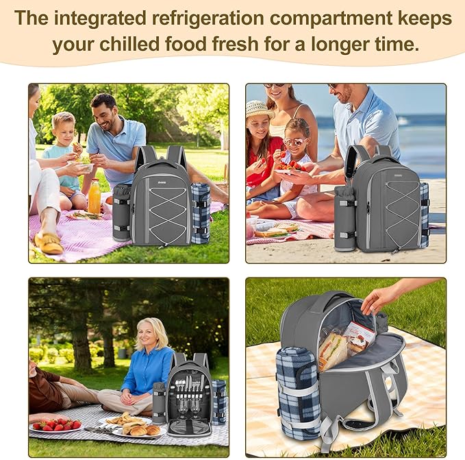 Picnic Backpack for 2 Persons with Insulated Leakproof Cooler Compartment, Cutlery Sets, Wine Holder, Fleece Blanket, Wedding Gifts for Couples, Perfect for Beach, Camping, Hiking, Grey
