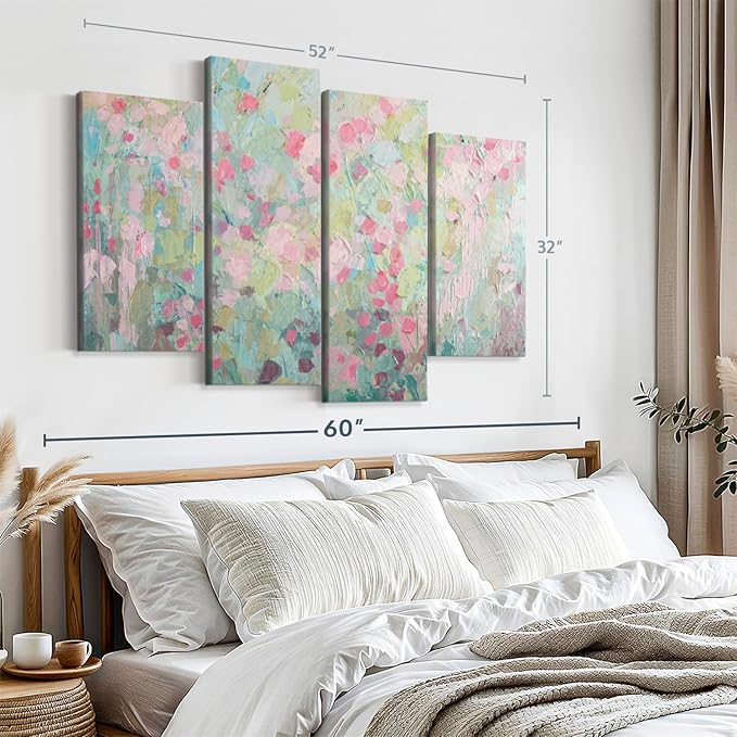 ElephantStock Dancing Sakura Tree Wall Art - Horizontal Canvas - 4-Piece Living Room Wall Decor - Painting Abstract Canvas Print - Pink and Blue Decor for Wall by Ann Marie Coolick - 52" X 32"
