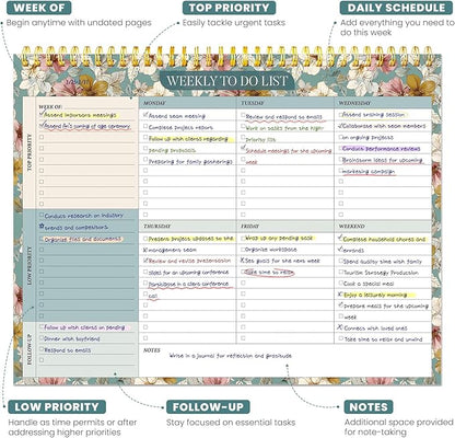 Weekly To Do List Notepad with 52 Undated Sheets（8.5"×11"）- Undated Weekly Planner Notepad for Office Desk Accessories and Supplies - Teal Petals