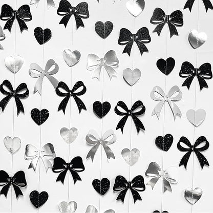 Bow Decorations Siver Black Metallic Glitter Paper Bow Heart Hanging Garland Streamer for Coquette Birthday Valentines Bachelorette Wedding Bridal Shower Anniversary Hen Party Decorations Supplies