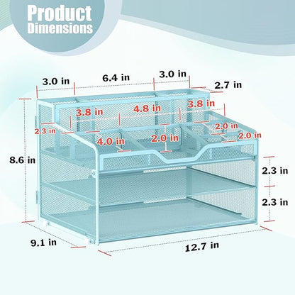 Docnest 3 Tier Mesh Desk Organizer for Paper Office Supplies – Multi-Functional Letter Tray with 5 Adjustable Compartments, 3 Pen Holders, Desktop Storage for Files, Mail, Stationery – Blue