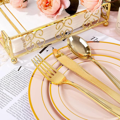 GATHER 350PCS Pink Plastic Plates - Disposable Plastic Dinnerware Set Include 100 Pink Plates, 150 Silverware, 50 Napkins, 50 Cups for Party & Wedding